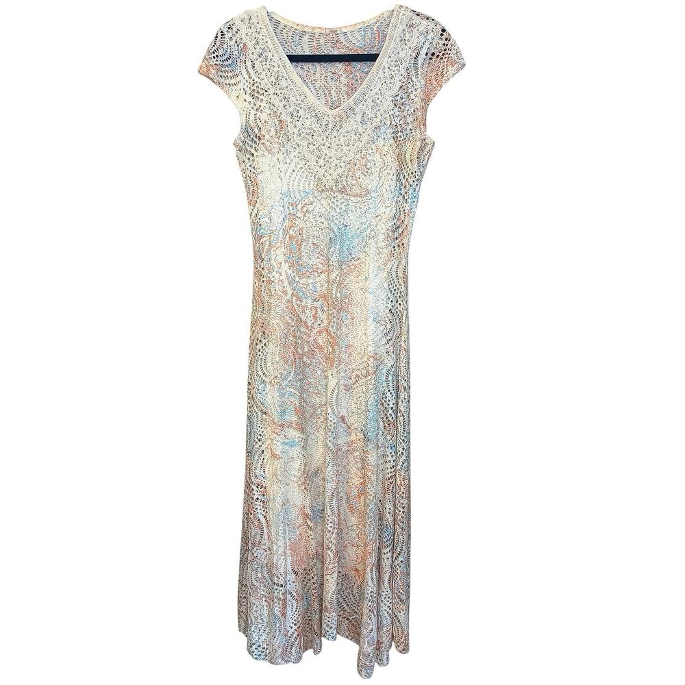 Y2K Reba Mesh Paisley Maxi Dress Rhinestones Beachy Coastal Cap Sleeve Women’s S